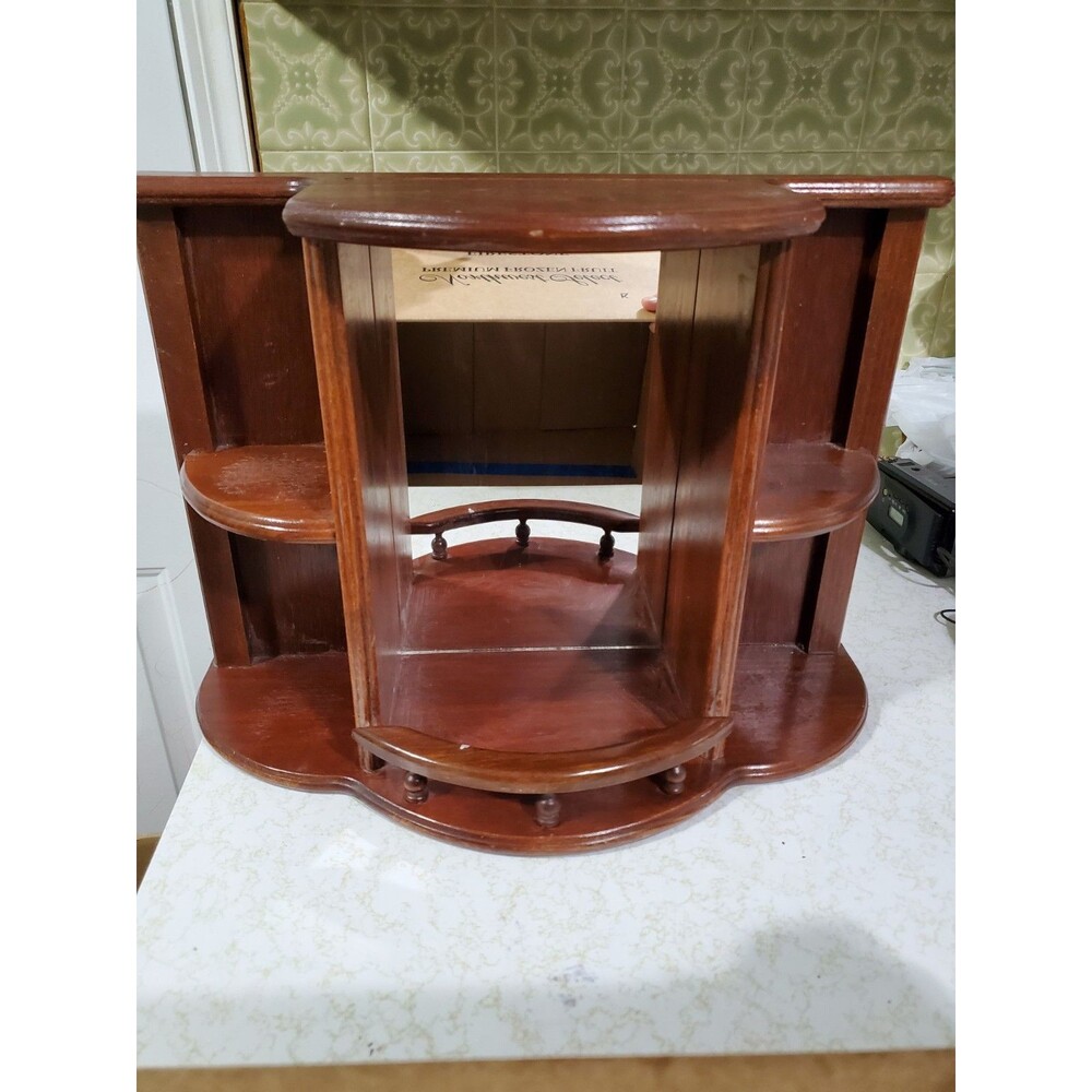 Vintage Wood Display Case Curio Cabinet W/Mirror & 4 Shelves Wall Mount Or Table